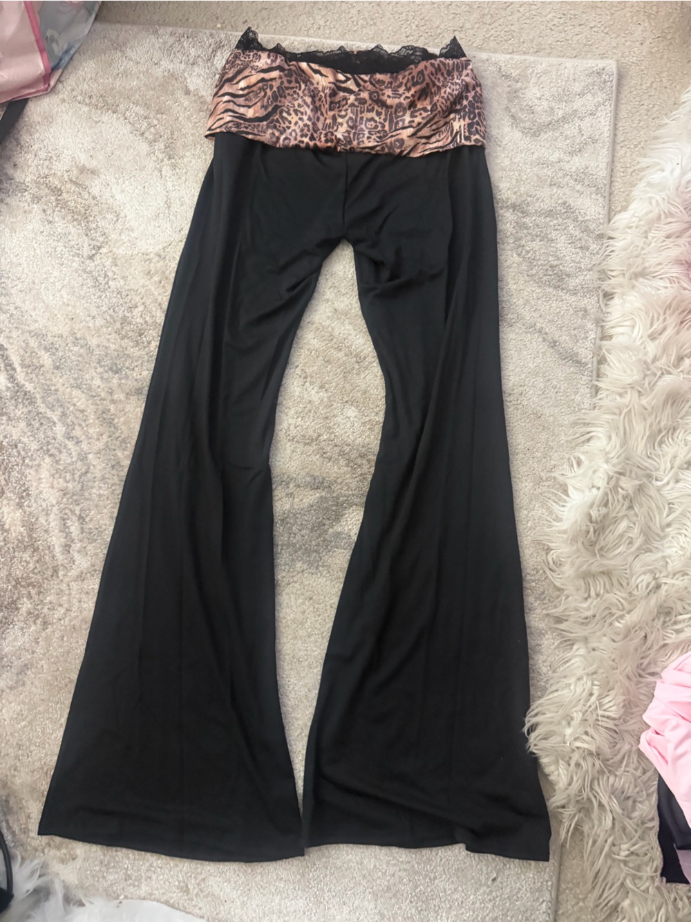 SHEIN Black Wide-Leg Pants with Animal-Print Waistband